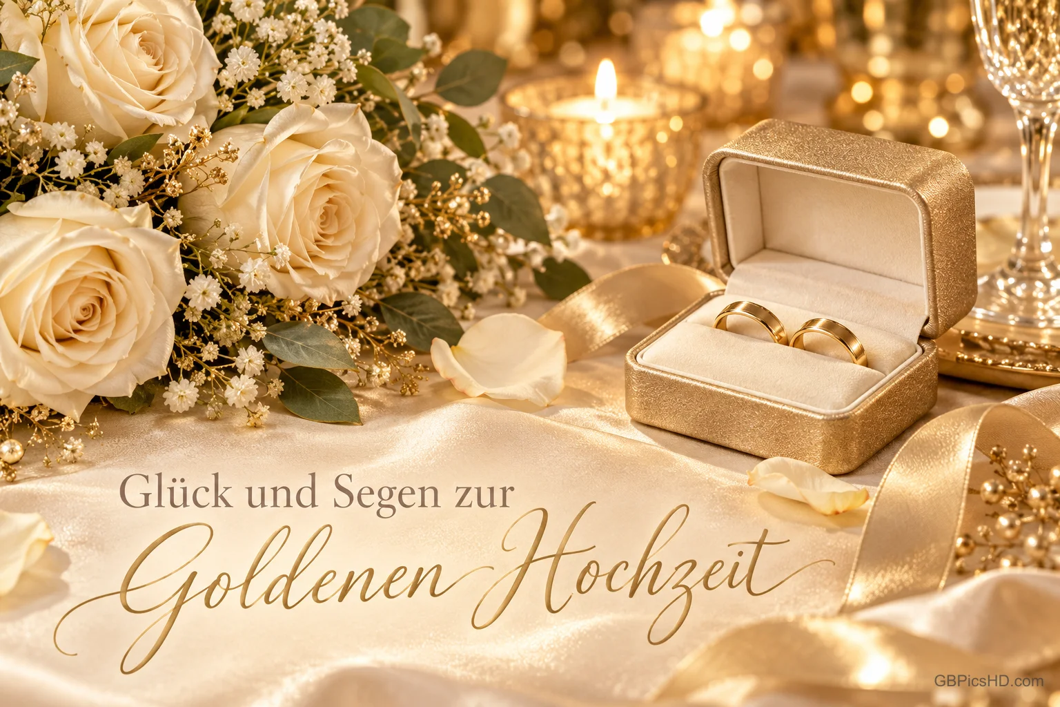 Weiße Rosen, Kerzen und zwei goldene Ringe in einer offenen Schatulle mit "Glück und Segen zur Goldenen Hochzeit".