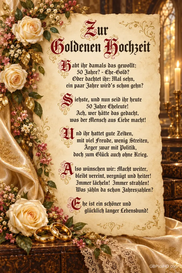 Ein verziertes Pergament mit dem Gedicht "Zur Goldenen Hochzeit", umrahmt von Rosen, goldenen Ringen und Kerzen.