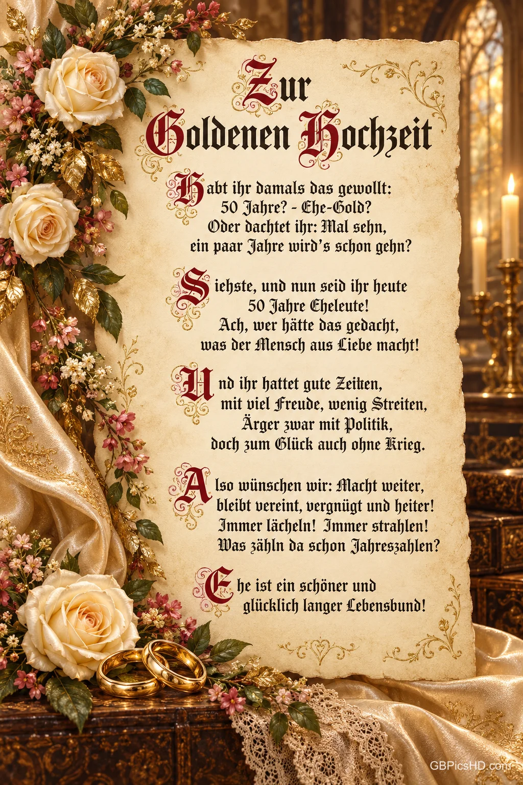 Ein verziertes Pergament mit dem Gedicht "Zur Goldenen Hochzeit", umrahmt von Rosen, goldenen Ringen und Kerzen. Ein verziertes Pergament mit dem Gedicht "Zur Goldenen Hochzeit", umrahmt von Rosen, goldenen Ringen und Kerzen.