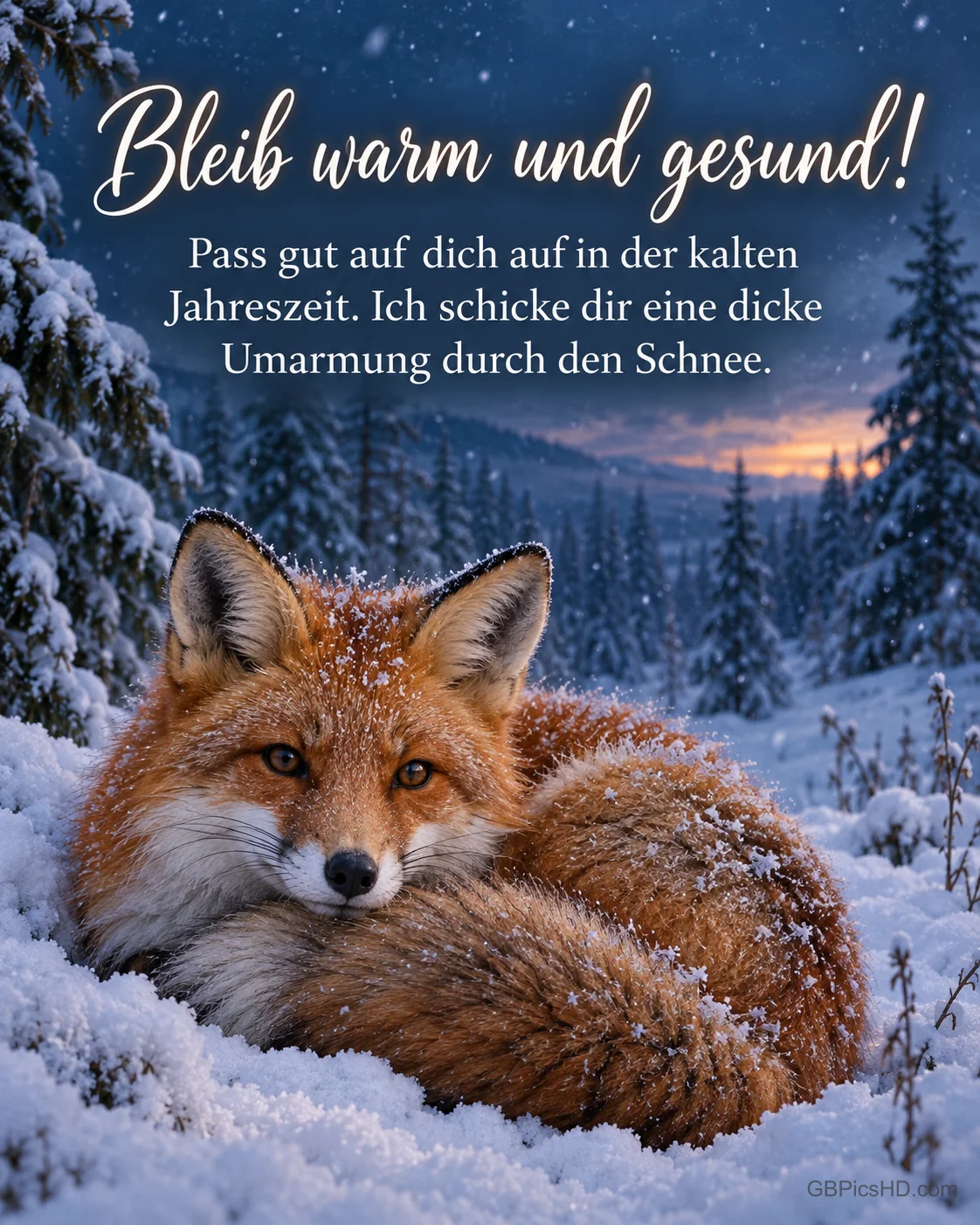 Ein roter Fuchs liegt eingerollt im frischen Schnee am Waldrand, Schneeflocken auf seinem Fell, dazu "Bleib warm und gesund!".