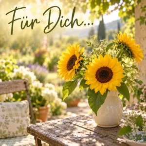 Sonnenblumen mit weißen Blüten in einer cremefarbenen Vase auf einem Holztisch im sonnigen Garten, oben in Schreibschrift "Für Dich..."