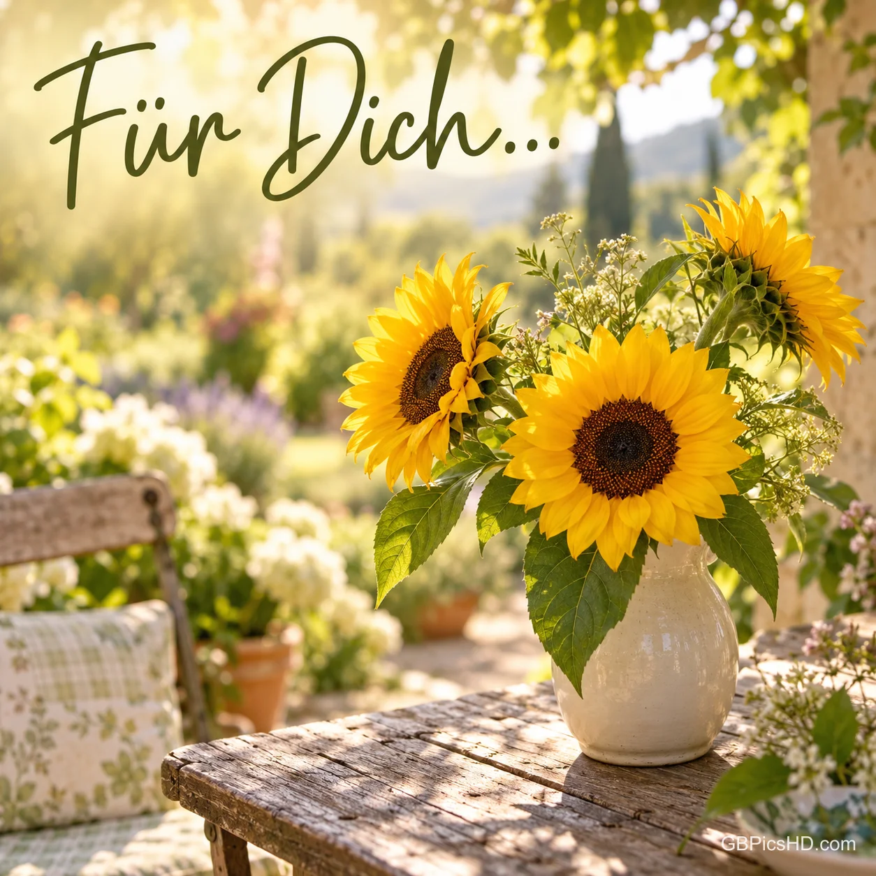 Sonnenblumen mit weißen Blüten in einer cremefarbenen Vase auf einem Holztisch im sonnigen Garten, oben in Schreibschrift "Für Dich..." Sonnenblumen mit weißen Blüten in einer cremefarbenen Vase auf einem Holztisch im sonnigen Garten, oben in Schreibschrift "Für Dich..."