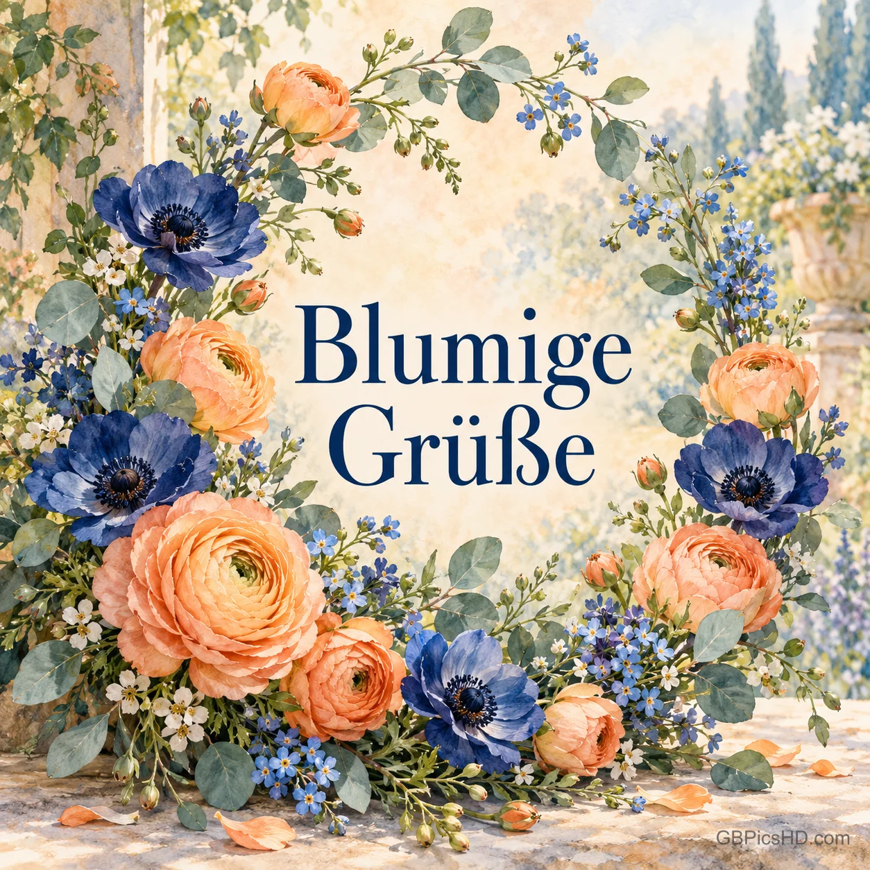 Üppiger Kranz aus orangefarbenen Ranunkeln, blauen Anemonen und Eukalyptus auf einer sonnigen Terrasse, in der Mitte dunkelblau "Blumige Grüße" Üppiger Kranz aus orangefarbenen Ranunkeln, blauen Anemonen und Eukalyptus auf einer sonnigen Terrasse, in der Mitte dunkelblau "Blumige Grüße"