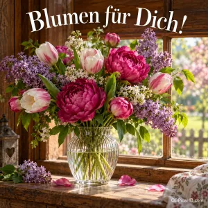 Großer Strauß aus pinken Pfingstrosen, Tulpen und Flieder in einer Glasvase auf einer Holzfensterbank, darüber im Bogen "Blumen für Dich!"