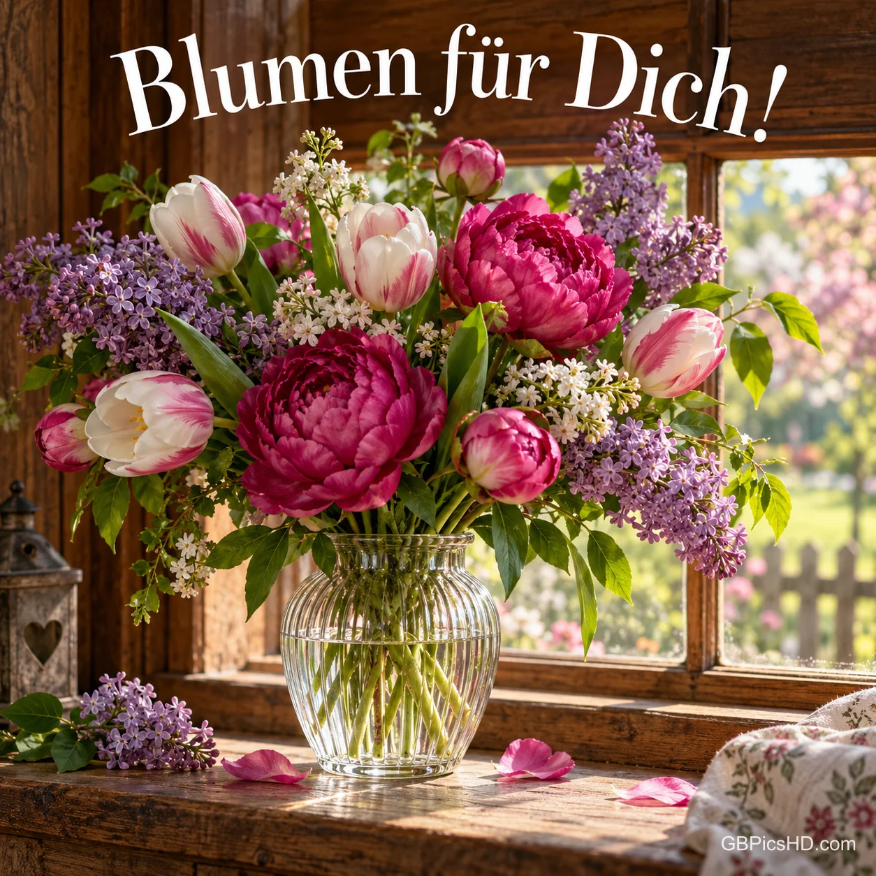 Großer Strauß aus pinken Pfingstrosen, Tulpen und Flieder in einer Glasvase auf einer Holzfensterbank, darüber im Bogen "Blumen für Dich!" Großer Strauß aus pinken Pfingstrosen, Tulpen und Flieder in einer Glasvase auf einer Holzfensterbank, darüber im Bogen "Blumen für Dich!"