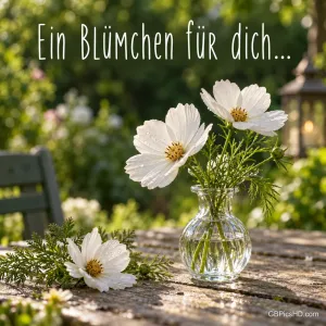 Weiße Schmuckkörbchen in einer kleinen Glasvase auf einem verwitterten Gartentisch mit Laterne und Grün, oben der Schriftzug "Ein Blümchen für dich..."