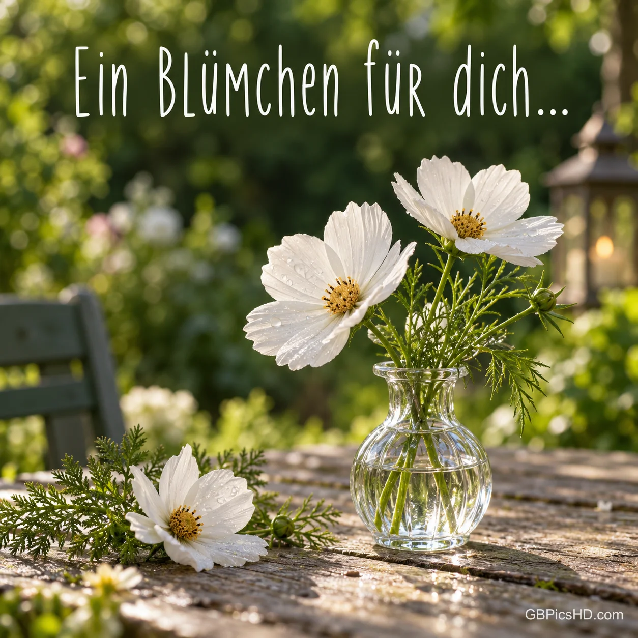 Weiße Schmuckkörbchen in einer kleinen Glasvase auf einem verwitterten Gartentisch mit Laterne und Grün, oben der Schriftzug "Ein Blümchen für dich..." Weiße Schmuckkörbchen in einer kleinen Glasvase auf einem verwitterten Gartentisch mit Laterne und Grün, oben der Schriftzug "Ein Blümchen für dich..."