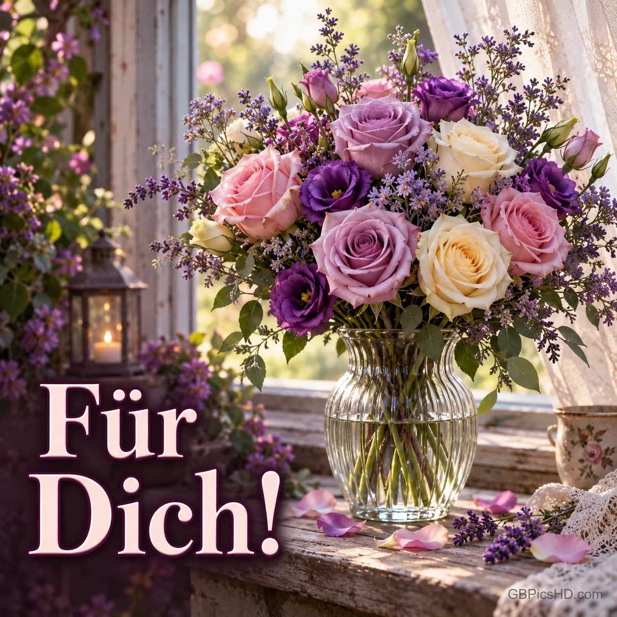 Romantischer Strauß aus rosa, lila und cremefarbenen Rosen mit Lavendel in einer Glasvase am Fenster mit Laterne und Spitzenvorhang, dazu "Für Dich!" Romantischer Strauß aus rosa, lila und cremefarbenen Rosen mit Lavendel in einer Glasvase am Fenster mit Laterne und Spitzenvorhang, dazu "Für Dich!"