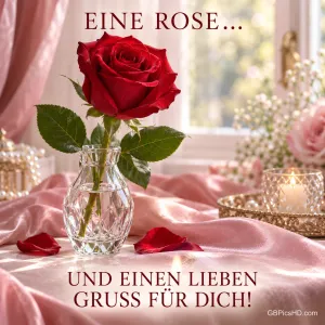 Eine rote Rose in einer Kristallvase auf rosa Satin mit Rosenblättern, Kerze und Fensterlicht, dazu "Eine Rose... und einen lieben Gruß für dich!"