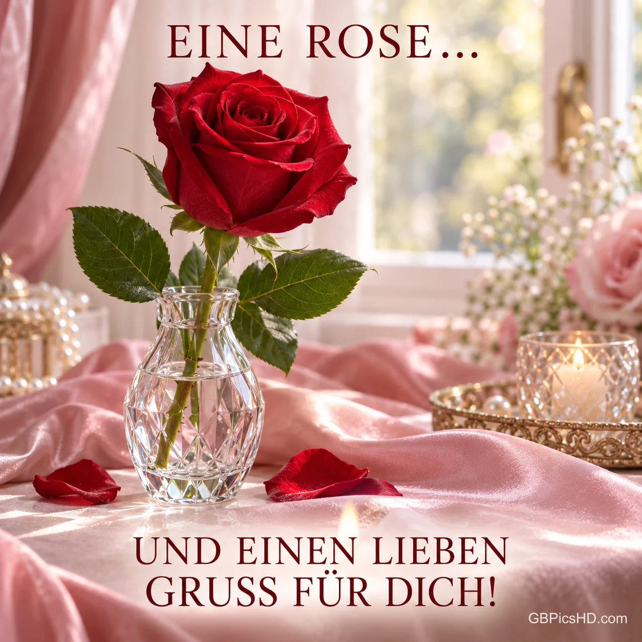 Eine rote Rose in einer Kristallvase auf rosa Satin mit Rosenblättern, Kerze und Fensterlicht, dazu "Eine Rose... und einen lieben Gruß für dich!" Eine rote Rose in einer Kristallvase auf rosa Satin mit Rosenblättern, Kerze und Fensterlicht, dazu "Eine Rose... und einen lieben Gruß für dich!"