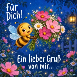 Niedliche Biene fliegt mit einem Strauß rosa Schmuckkörbchen durch einen nächtlichen Blumengarten mit Laterne und Lichtern, dazu "Für Dich!" und "Ein lieber Gruß von mir..."