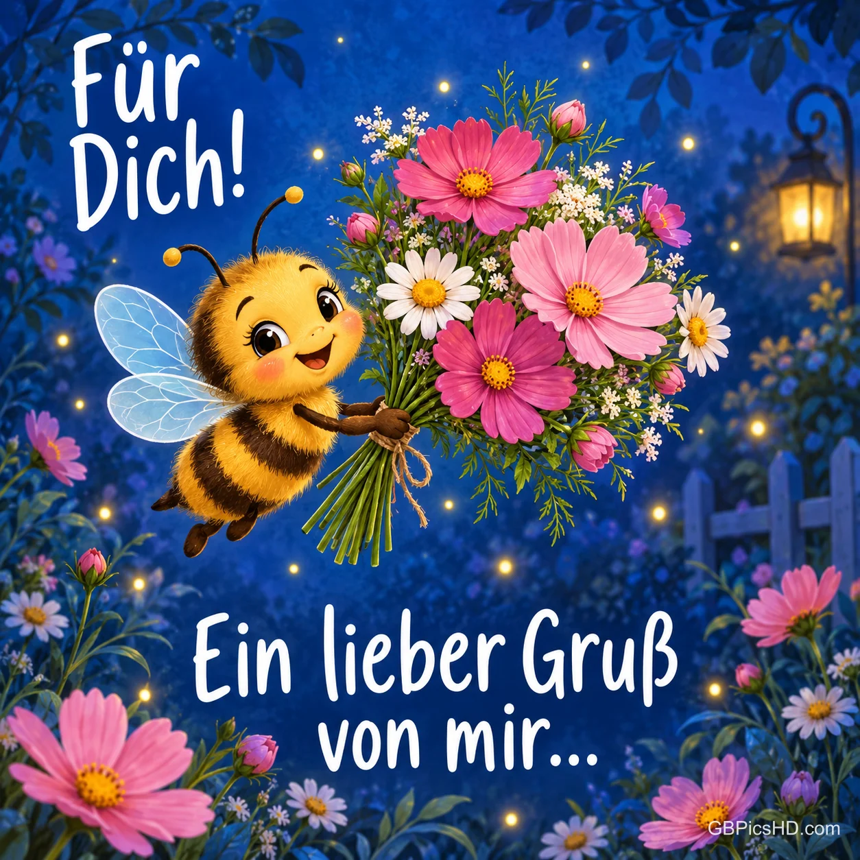 Niedliche Biene fliegt mit einem Strauß rosa Schmuckkörbchen durch einen nächtlichen Blumengarten mit Laterne und Lichtern, dazu "Für Dich!" und "Ein lieber Gruß von mir..." Niedliche Biene fliegt mit einem Strauß rosa Schmuckkörbchen durch einen nächtlichen Blumengarten mit Laterne und Lichtern, dazu "Für Dich!" und "Ein lieber Gruß von mir..."