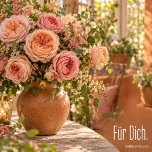Üppiger Strauß pfirsichfarbener Gartenrosen in einer Terrakottavase auf einem sonnigen Tisch im Wintergarten, rechts unten der Schriftzug "Für Dich."