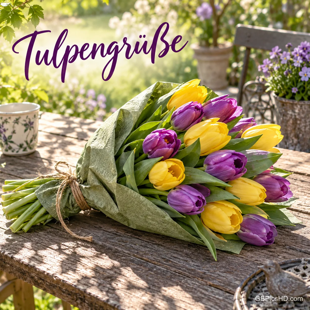 Strauß aus gelben und lila Tulpen in grünem Papier mit Schnur auf einem Holztisch im Garten, darüber in Schreibschrift "Tulpengrüße" Strauß aus gelben und lila Tulpen in grünem Papier mit Schnur auf einem Holztisch im Garten, darüber in Schreibschrift "Tulpengrüße"