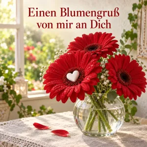 Rote Gerbera in einer runden Glasvase auf einem Spitzentischtuch am sonnigen Fenster, eine Blüte mit weißem Herz, darüber "Einen Blumengruß von mir an Dich"