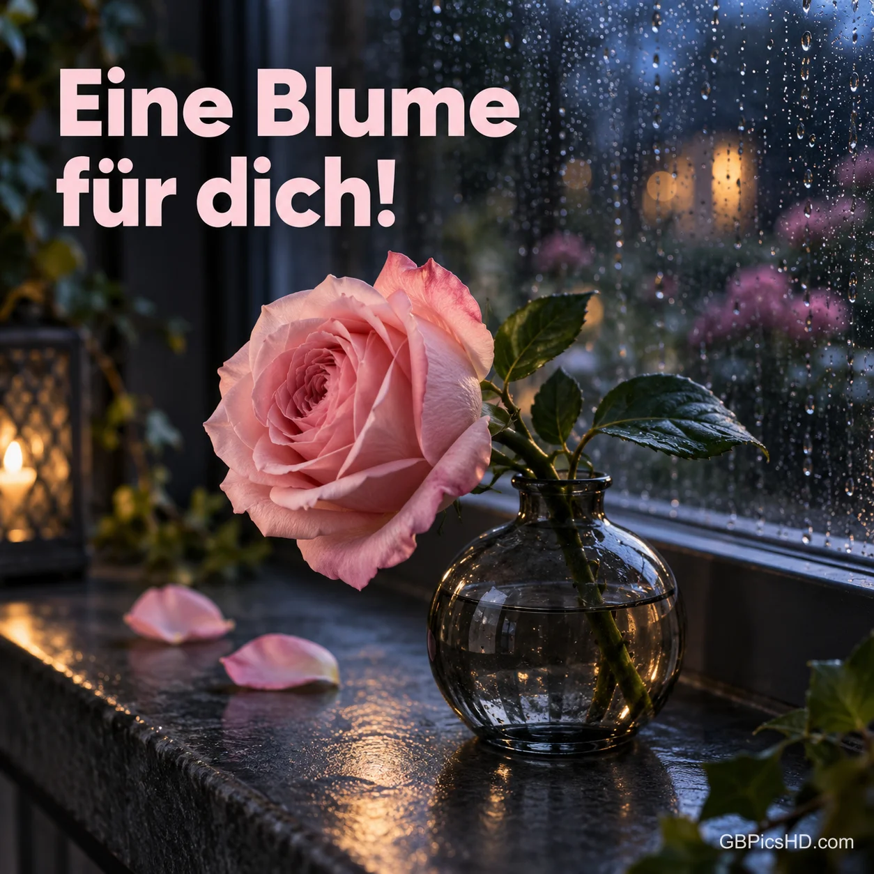 Rosafarbene Rose in einer dunklen Glasvase auf einer Fensterbank bei Regen und Kerzenlicht am Abend, oben in Rosa "Eine Blume für dich!" Rosafarbene Rose in einer dunklen Glasvase auf einer Fensterbank bei Regen und Kerzenlicht am Abend, oben in Rosa "Eine Blume für dich!"