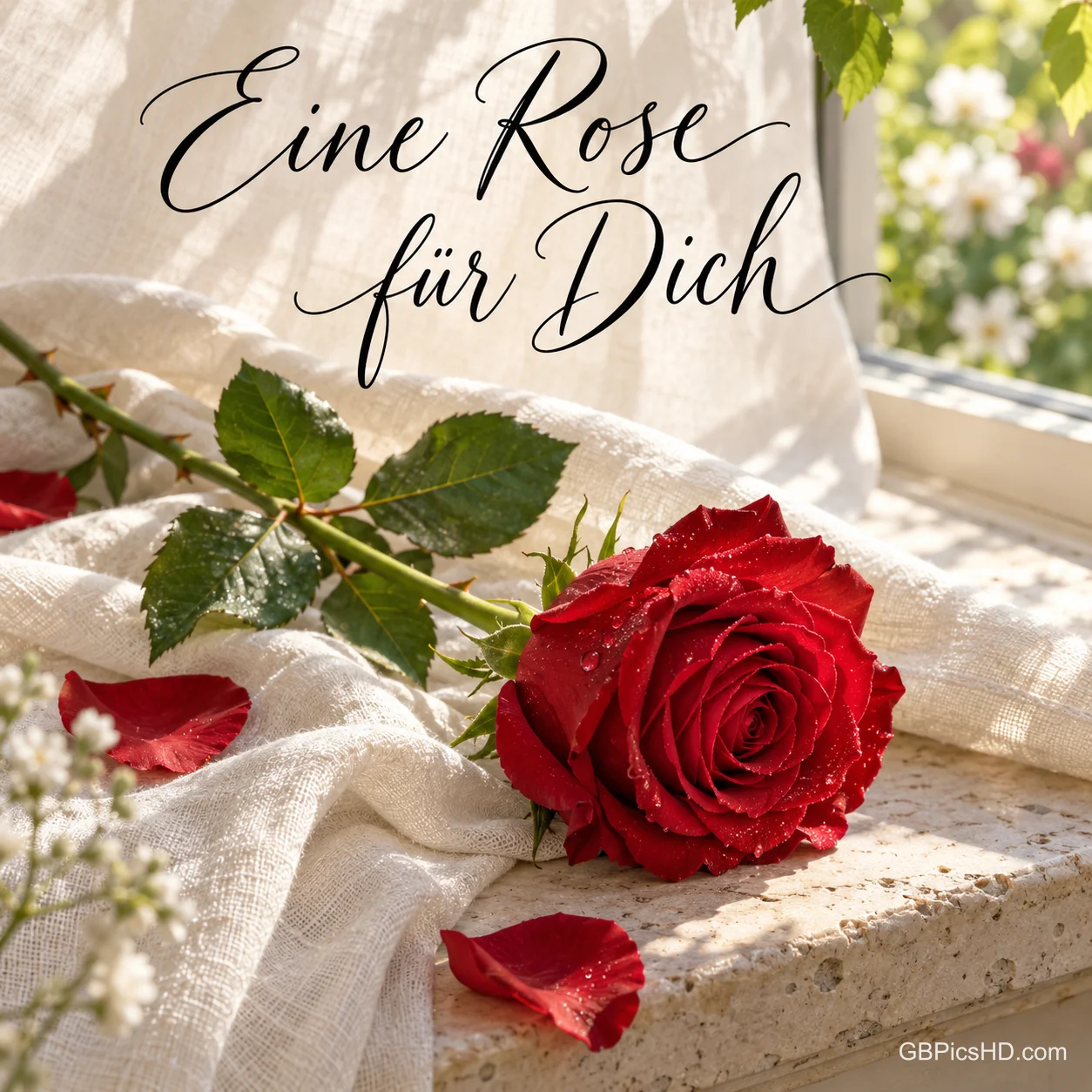 Rote Rose mit Tautropfen liegt auf einem cremefarbenen Tuch am sonnigen Fenster mit Rosenblättern, darüber in eleganter Schreibschrift "Eine Rose für Dich" Rote Rose mit Tautropfen liegt auf einem cremefarbenen Tuch am sonnigen Fenster mit Rosenblättern, darüber in eleganter Schreibschrift "Eine Rose für Dich"