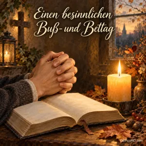Gefaltete Hände ruhen über einem aufgeschlagenen Buch neben einer brennenden Kerze in warmem Licht, darüber "Einen besinnlichen Buß- und Bettag".