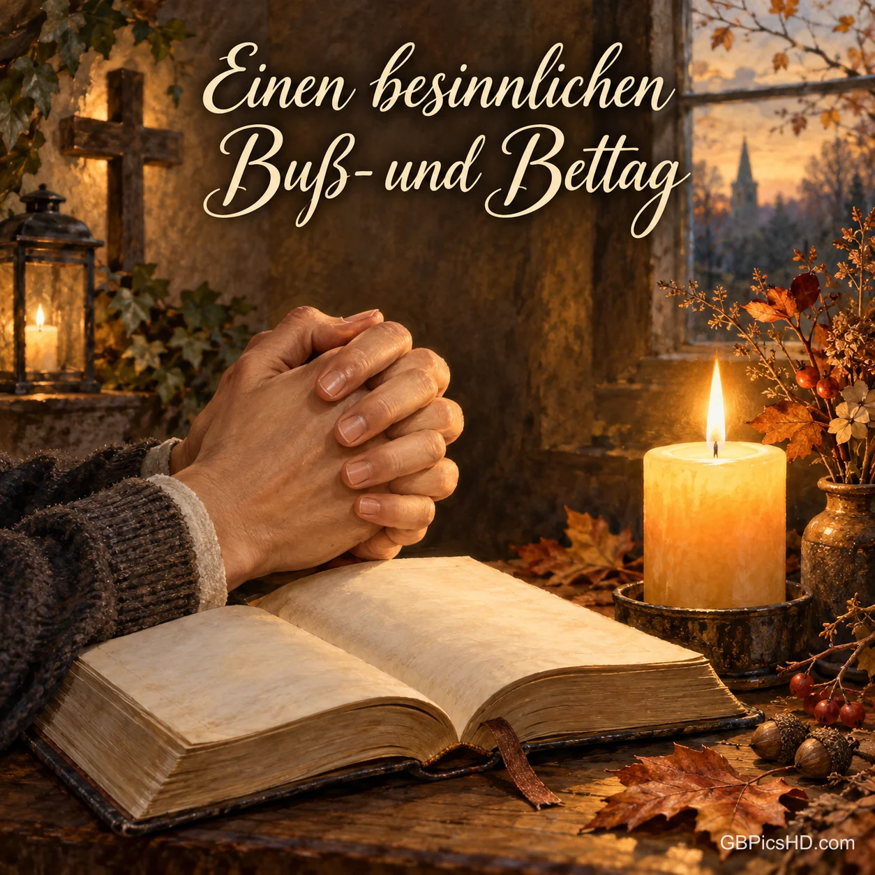Gefaltete Hände ruhen über einem aufgeschlagenen Buch neben einer brennenden Kerze in warmem Licht, darüber "Einen besinnlichen Buß- und Bettag". Gefaltete Hände ruhen über einem aufgeschlagenen Buch neben einer brennenden Kerze in warmem Licht, darüber "Einen besinnlichen Buß- und Bettag".