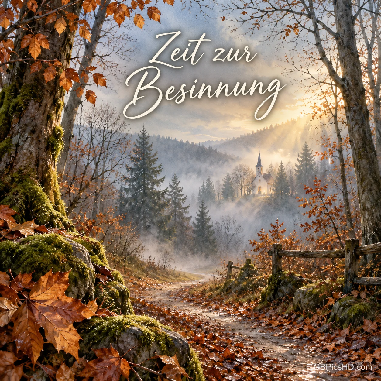 Ein stiller Waldweg führt durch den nebligen Novemberwald zu einer kleinen Kapelle in der Ferne, dazu "Zeit zur Besinnung". Ein stiller Waldweg führt durch den nebligen Novemberwald zu einer kleinen Kapelle in der Ferne, dazu "Zeit zur Besinnung".
