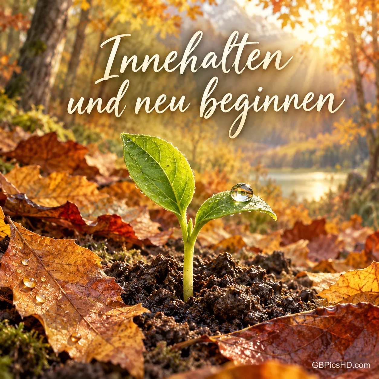 Ein kleiner grüner Keimling mit Regentropfen wächst aus dunkler Erde zwischen Herbstblättern, darüber "Innehalten und neu beginnen". Ein kleiner grüner Keimling mit Regentropfen wächst aus dunkler Erde zwischen Herbstblättern, darüber "Innehalten und neu beginnen".