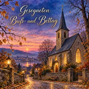 Eine Dorfkirche mit erleuchteten Fenstern in der Abenddämmerung zwischen kahlen Bäumen mit dem Gruß "Gesegneten Buß- und Bettag".