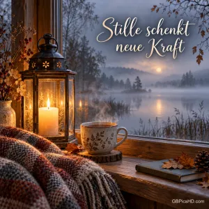 Eine Kerzenlaterne, eine Tasse Tee und eine Wolldecke am Fenster mit Blick auf einen nebligen See, dazu "Stille schenkt neue Kraft".