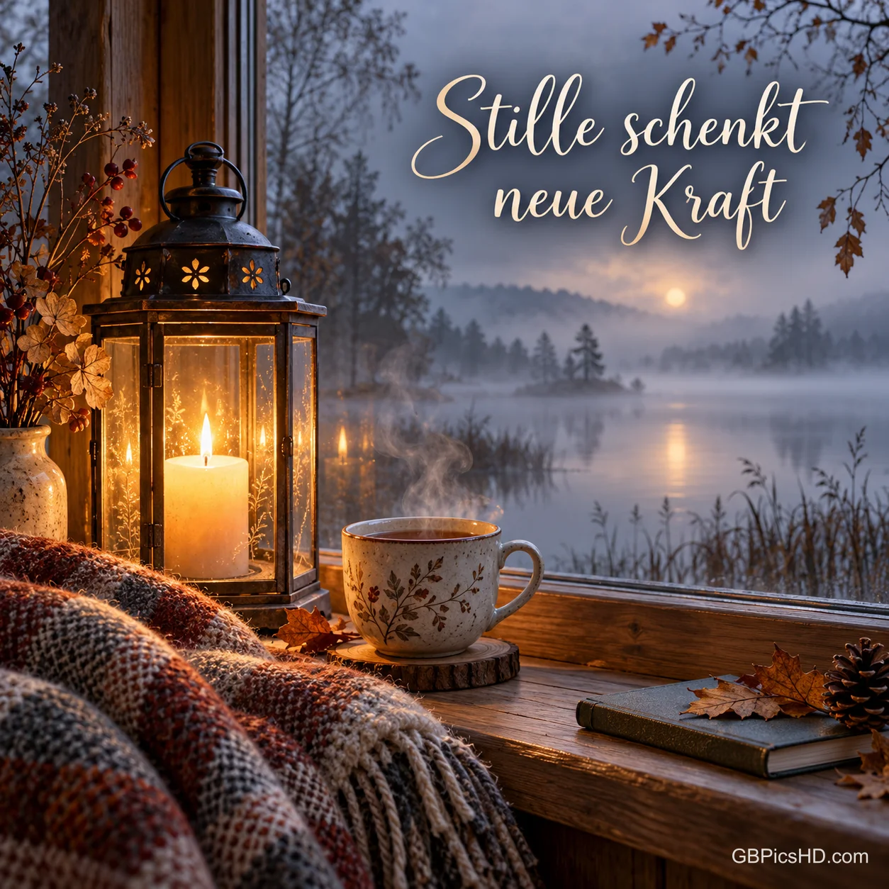 Eine Kerzenlaterne, eine Tasse Tee und eine Wolldecke am Fenster mit Blick auf einen nebligen See, dazu "Stille schenkt neue Kraft". Eine Kerzenlaterne, eine Tasse Tee und eine Wolldecke am Fenster mit Blick auf einen nebligen See, dazu "Stille schenkt neue Kraft".