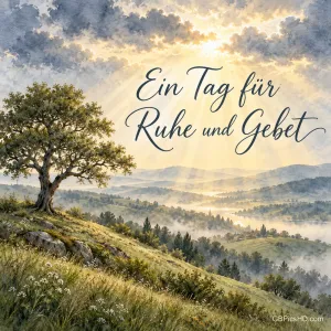 Licht bricht durch die Wolken über einer stillen Hügellandschaft mit einem einzelnen Baum, darüber "Ein Tag für Ruhe und Gebet".