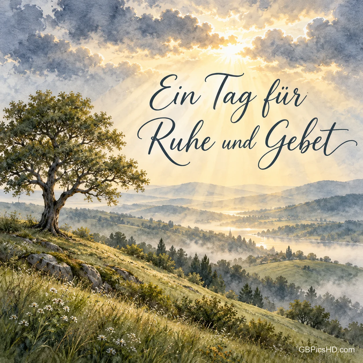 Licht bricht durch die Wolken über einer stillen Hügellandschaft mit einem einzelnen Baum, darüber "Ein Tag für Ruhe und Gebet". Licht bricht durch die Wolken über einer stillen Hügellandschaft mit einem einzelnen Baum, darüber "Ein Tag für Ruhe und Gebet".