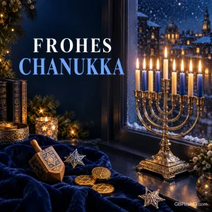 Goldene Menora mit neun brennenden Kerzen am verschneiten Fenster, davor ein Dreidel und Schokoladenmünzen auf blauem Samt, dazu der Gruß "Frohes Chanukka".