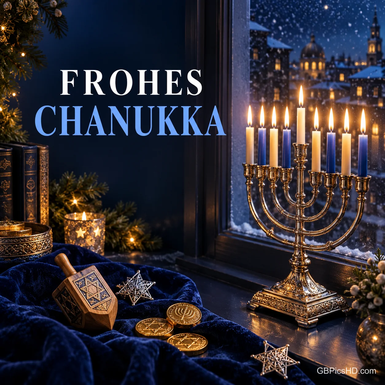 Goldene Menora mit neun brennenden Kerzen am verschneiten Fenster, davor ein Dreidel und Schokoladenmünzen auf blauem Samt, dazu der Gruß "Frohes Chanukka". Goldene Menora mit neun brennenden Kerzen am verschneiten Fenster, davor ein Dreidel und Schokoladenmünzen auf blauem Samt, dazu der Gruß "Frohes Chanukka".
