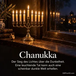 Messing-Menora mit brennenden Kerzen auf einer Fensterbank bei Nacht mit dem Spruch "Der Sieg des Lichtes über die Dunkelheit. Eine leuchtende Tat kann auch eine scheinbar dunkle Welt erhellen."