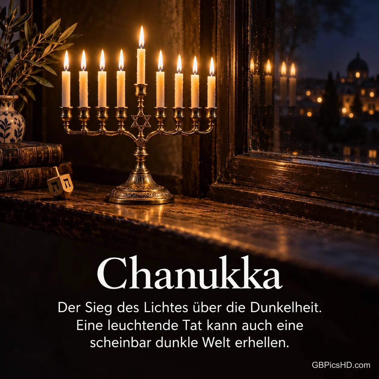 Messing-Menora mit brennenden Kerzen auf einer Fensterbank bei Nacht mit dem Spruch "Der Sieg des Lichtes über die Dunkelheit. Eine leuchtende Tat kann auch eine scheinbar dunkle Welt erhellen." Messing-Menora mit brennenden Kerzen auf einer Fensterbank bei Nacht mit dem Spruch "Der Sieg des Lichtes über die Dunkelheit. Eine leuchtende Tat kann auch eine scheinbar dunkle Welt erhellen."