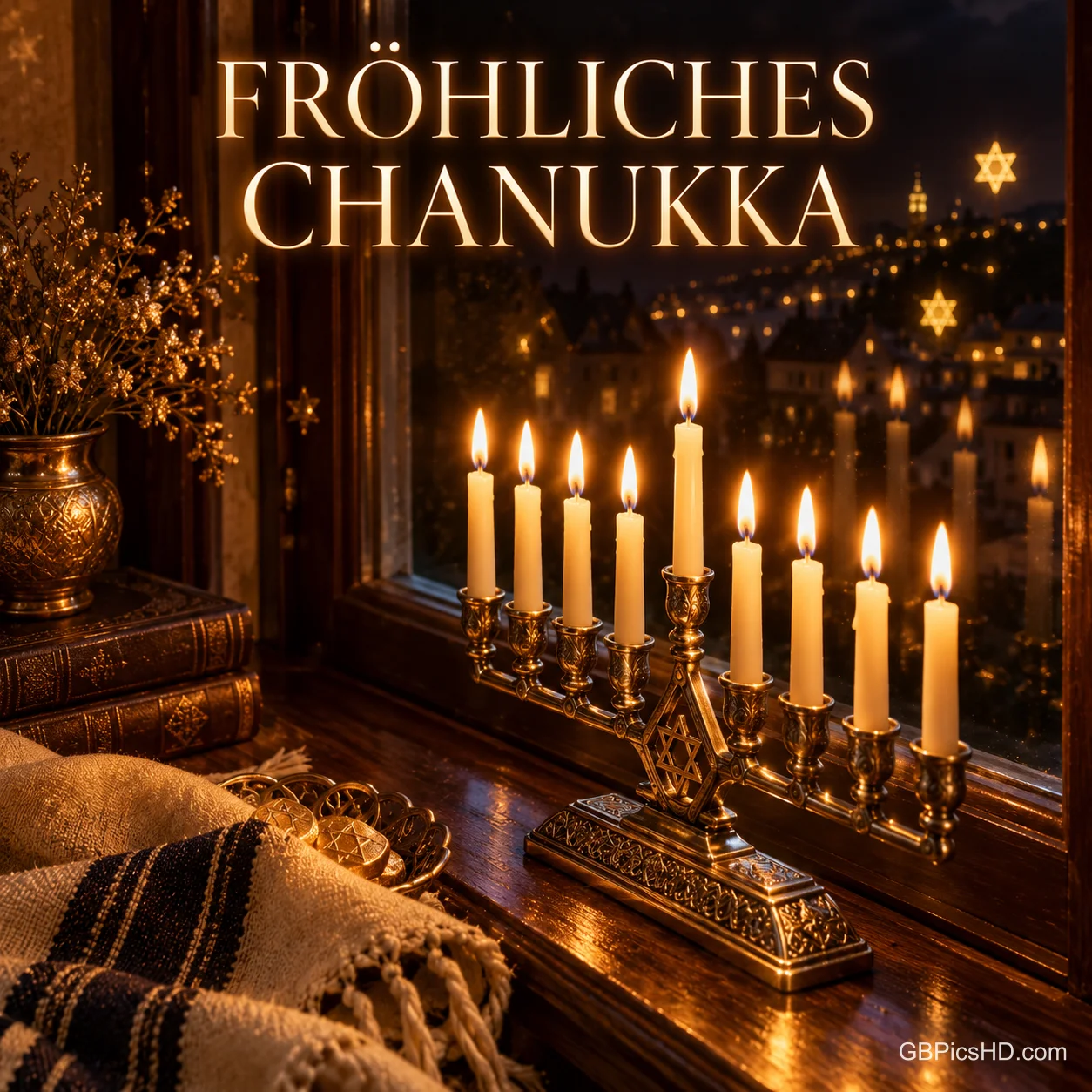 Verzierte Menora mit neun Kerzen am Fenster über einer nächtlichen Stadt, daneben alte Bücher und goldene Münzen, mit dem Schriftzug "Fröhliches Chanukka". Verzierte Menora mit neun Kerzen am Fenster über einer nächtlichen Stadt, daneben alte Bücher und goldene Münzen, mit dem Schriftzug "Fröhliches Chanukka".