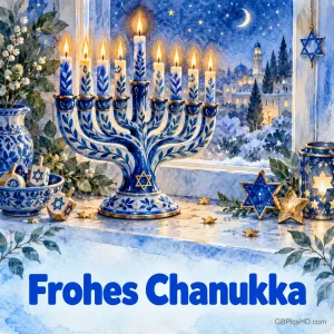 Blau-weiß bemalte Menora im Aquarellstil mit Dreideln und Davidsternen vor einem winterlichen Fenster, darunter der Gruß "Frohes Chanukka".