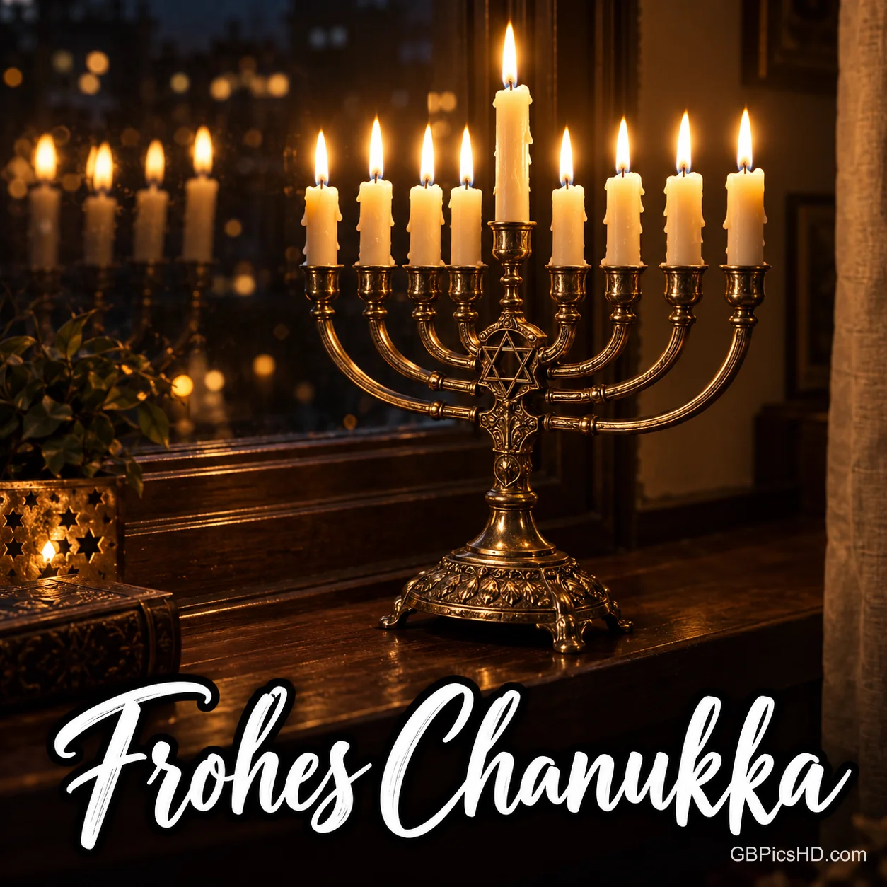 Silberne Menora mit neun brennenden Kerzen am dunklen Fenster mit Stadtlichtern, darunter in weißer Schreibschrift "Frohes Chanukka". Silberne Menora mit neun brennenden Kerzen am dunklen Fenster mit Stadtlichtern, darunter in weißer Schreibschrift "Frohes Chanukka".