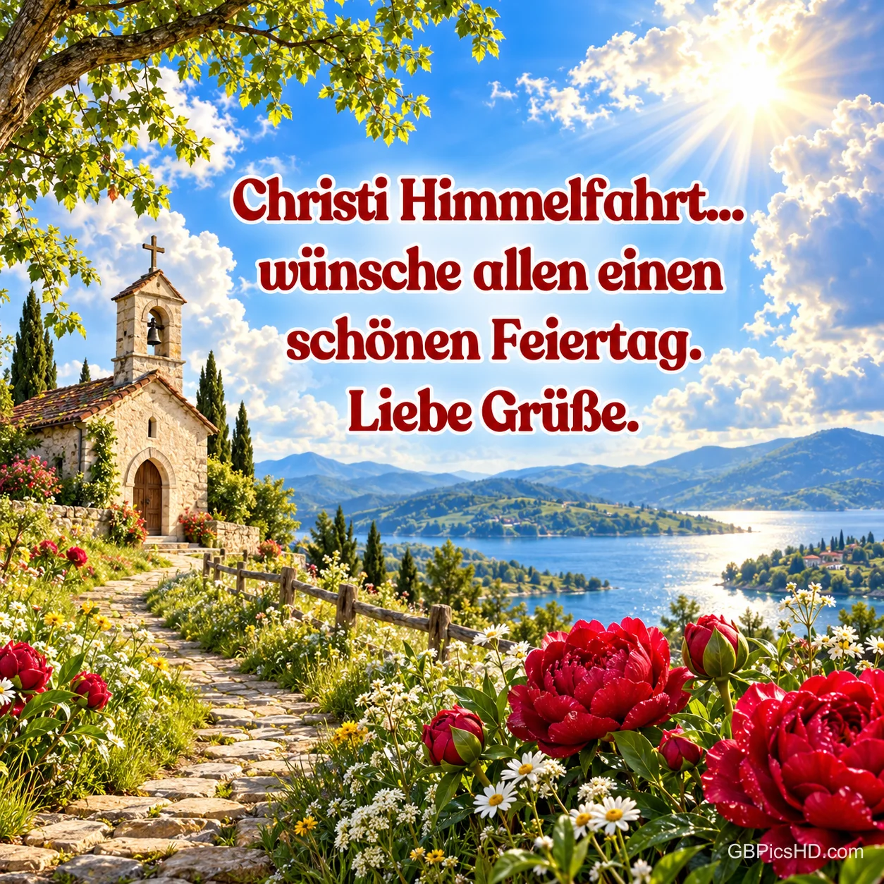 Eine Kapelle steht über einem See unter "Christi Himmelfahrt... wünsche allen einen schönen Feiertag. Liebe Grüße.". Eine Kapelle steht über einem See unter "Christi Himmelfahrt... wünsche allen einen schönen Feiertag. Liebe Grüße.".