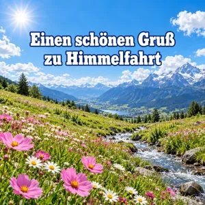 Bunte Blumenwiese mit Bach vor schneebedeckten Bergen im Sonnenschein und dem Text "Einen schönen Gruß zu Himmelfahrt".