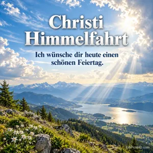 Sonnenstrahlen brechen durch Wolken über einem Bergsee mit Edelweiß im Vordergrund, dazu "Christi Himmelfahrt – Ich wünsche dir heute einen schönen Feiertag."