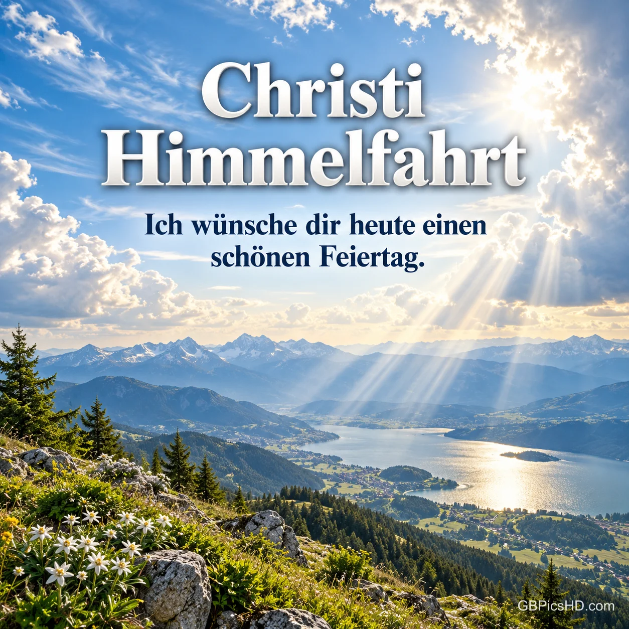 Sonnenstrahlen brechen durch Wolken über einem Bergsee mit Edelweiß im Vordergrund, dazu "Christi Himmelfahrt – Ich wünsche dir heute einen schönen Feiertag." Sonnenstrahlen brechen durch Wolken über einem Bergsee mit Edelweiß im Vordergrund, dazu "Christi Himmelfahrt – Ich wünsche dir heute einen schönen Feiertag."