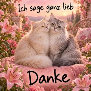 Zwei flauschige Katzen kuscheln auf einem rosa Kissen zwischen rosa Blumen mit "Ich sage ganz lieb Danke".