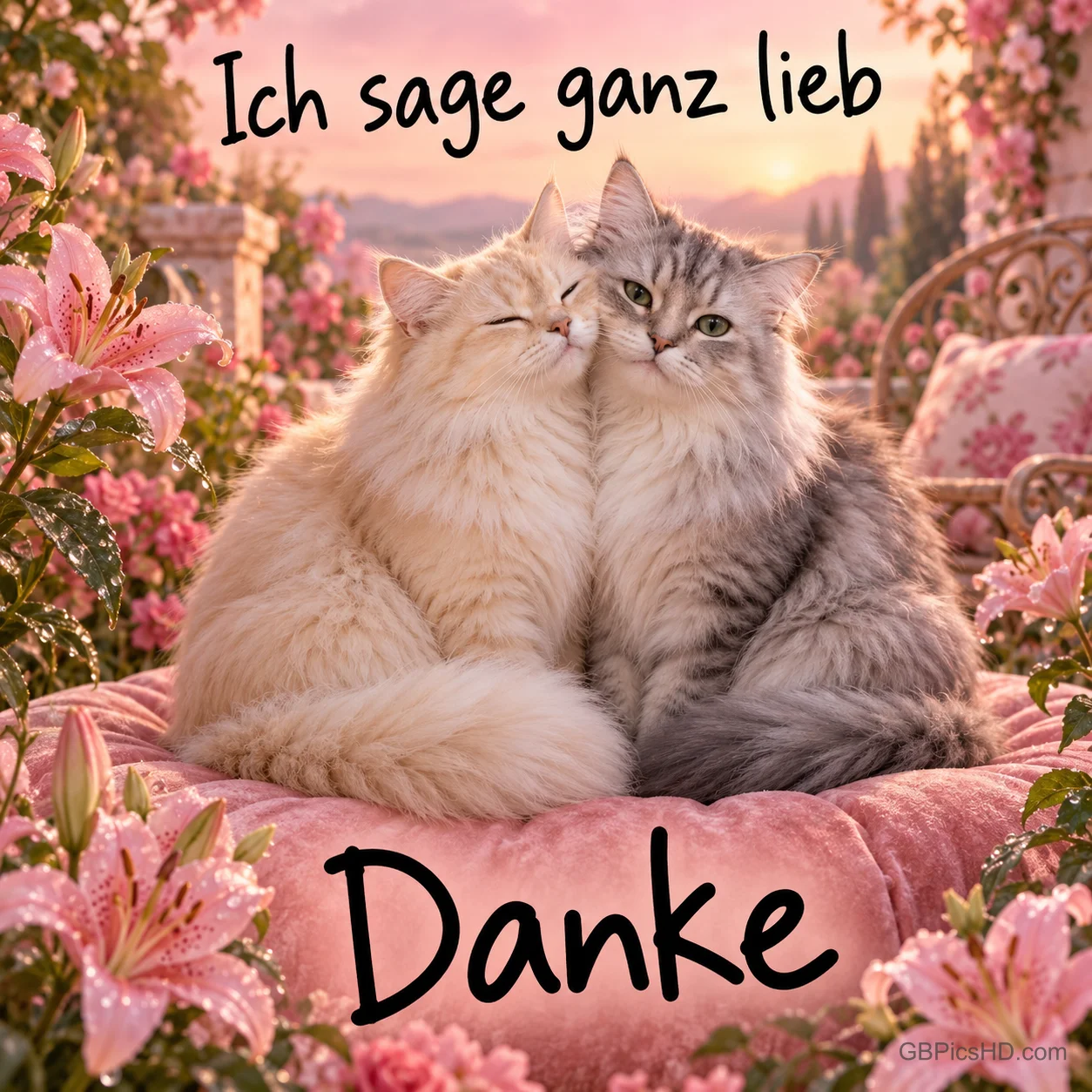 Zwei flauschige Katzen kuscheln auf einem rosa Kissen zwischen rosa Blumen mit "Ich sage ganz lieb Danke".