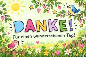 Zwei bunte Vögel, Blumen, Herzen und eine Sonne umgeben den Schriftzug "Danke! Für einen wunderschönen Tag!".