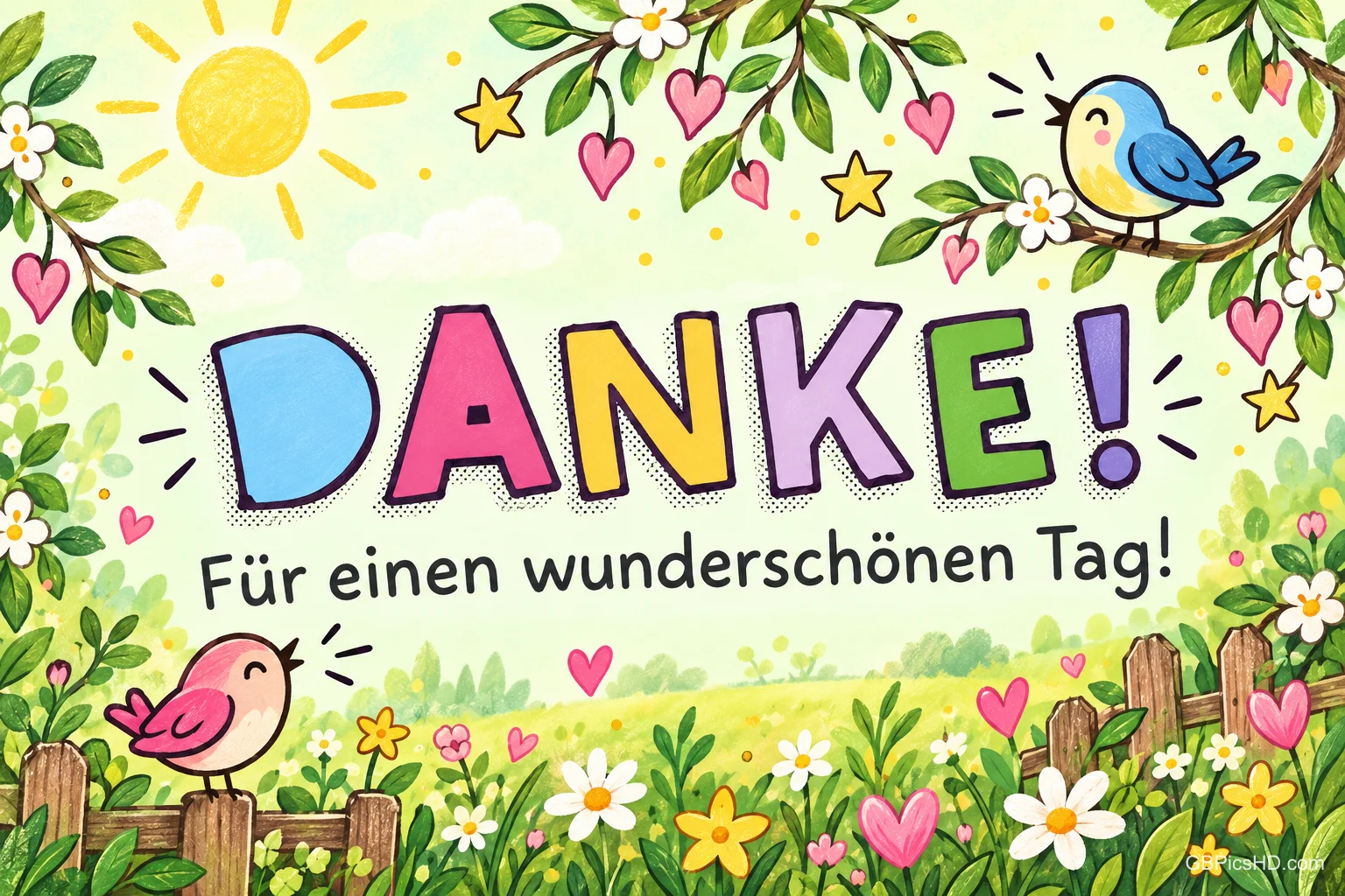 Zwei bunte Vögel, Blumen, Herzen und eine Sonne umgeben den Schriftzug "Danke! Für einen wunderschönen Tag!".