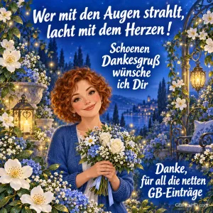 Eine lockige Frau hält einen Blumenstrauß zwischen Blüten und Laternen mit "Wer mit den Augen strahlt, lacht mit dem Herzen!".