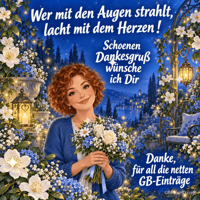 Eine lockige Frau hält einen Blumenstrauß zwischen Blüten und Laternen mit "Wer mit den Augen strahlt, lacht mit dem Herzen!".