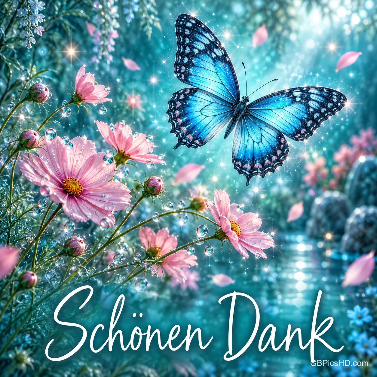 Ein blauer Schmetterling fliegt zwischen rosa Blüten über glitzerndem Wasser mit dem Gruß "Schönen Dank".
