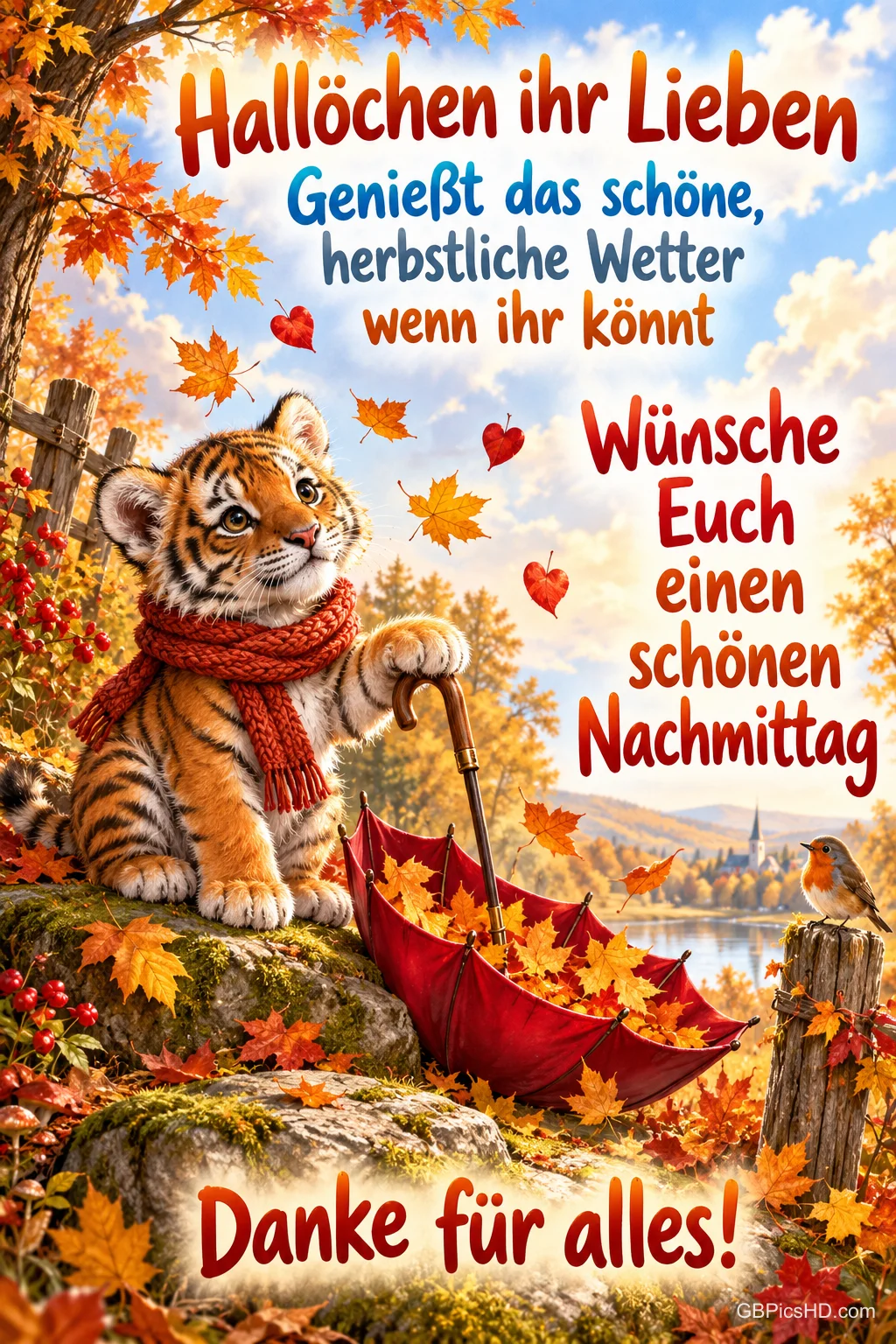 Ein Tigerjunges mit rotem Schal sitzt neben einem Laubschirm in einer Herbstlandschaft mit "Danke für alles!".