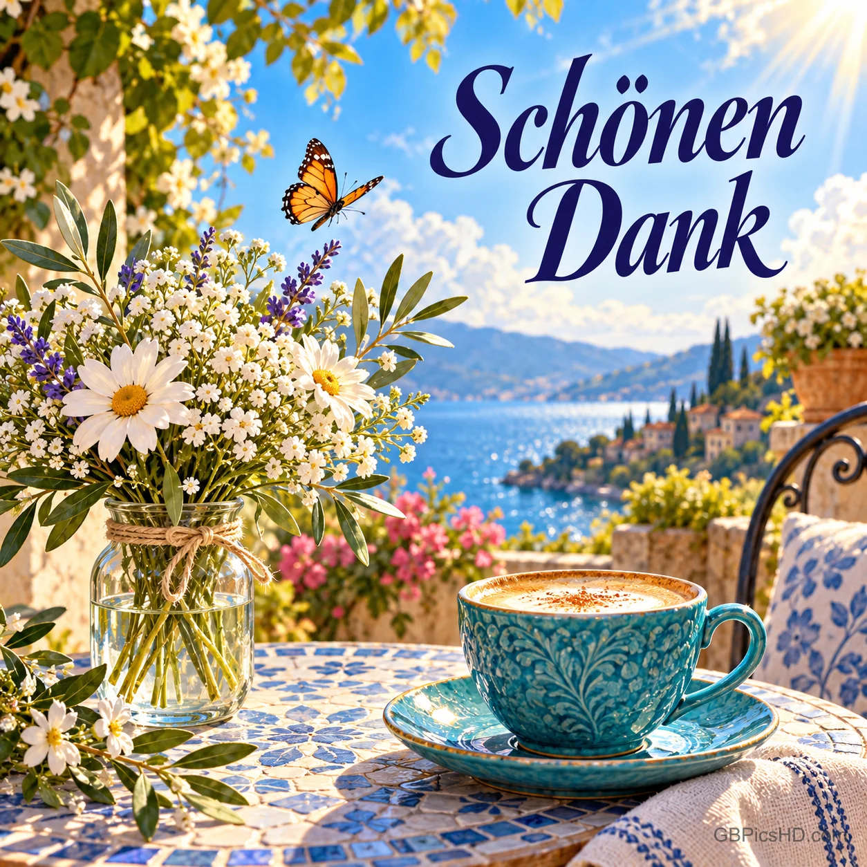 Eine türkisfarbene Kaffeetasse und ein Blumenstrauß stehen auf einer Terrasse am See unter "Schönen Dank".
